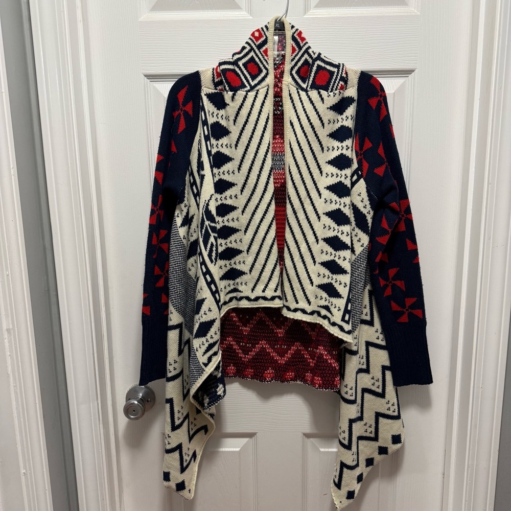 Tea Collection Navy, Cream & Red Geometric Open-Front Cardigan